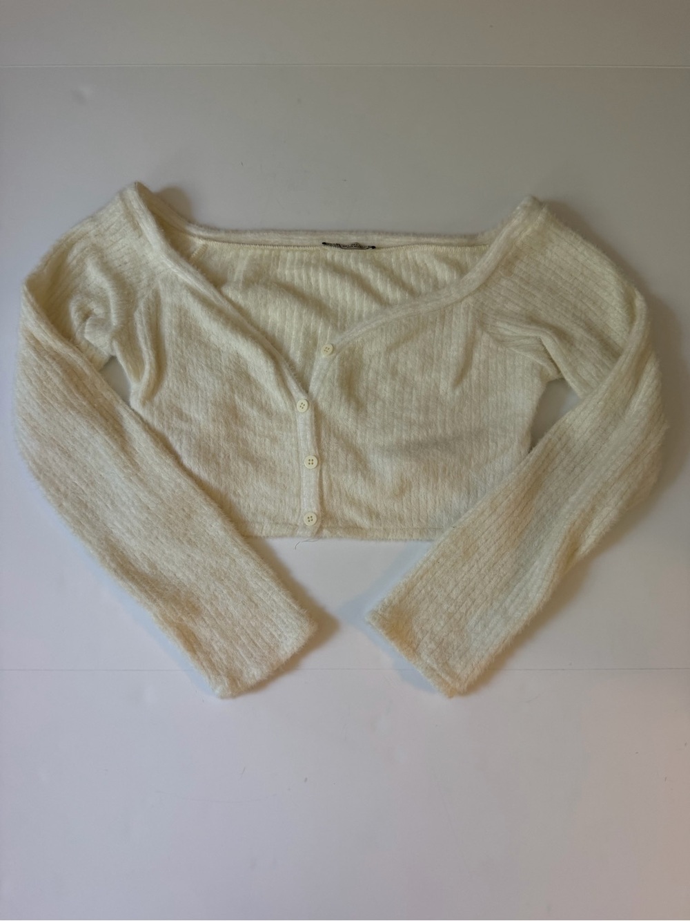 Zara Cream Fuzzy Cropped Button Cardigan
